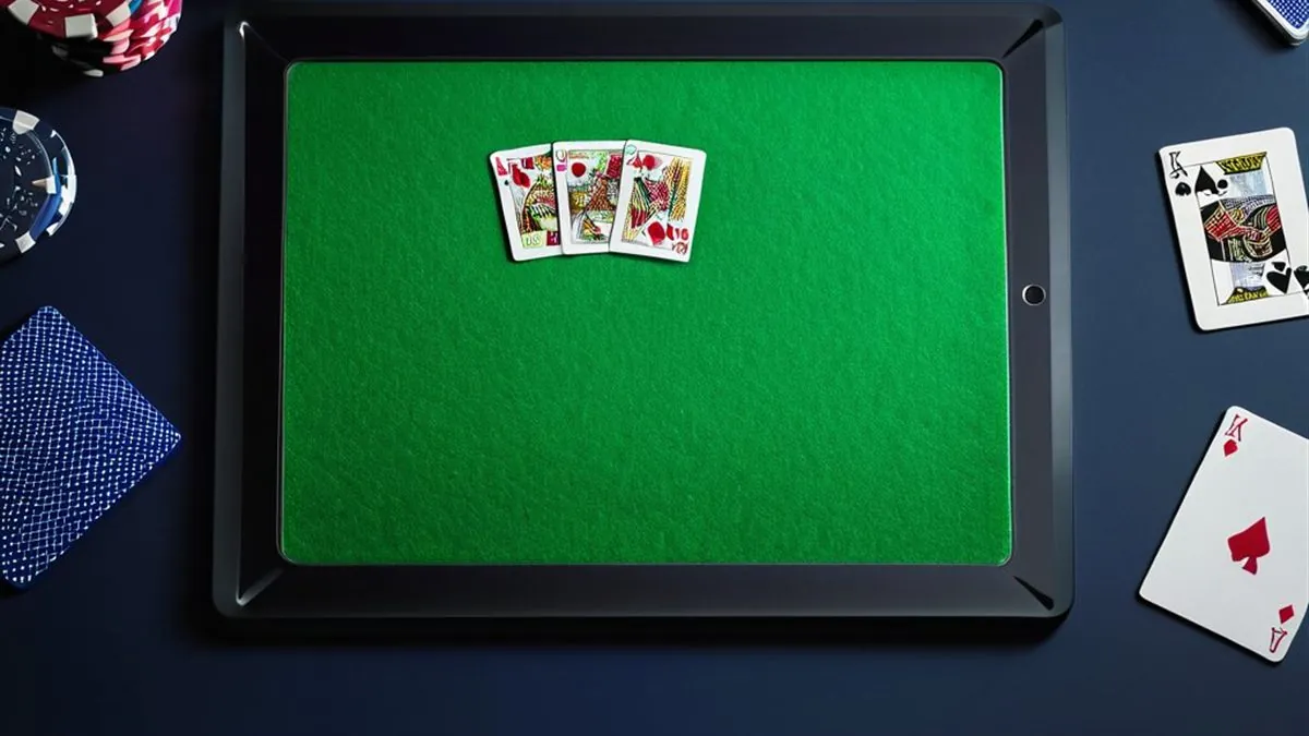 Tablet con un tapete verde de cartas en pantalla rodeada de naipes y fichas