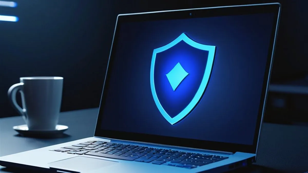 Laptop con un escudo azul luminoso en la pantalla junto a una taza de café