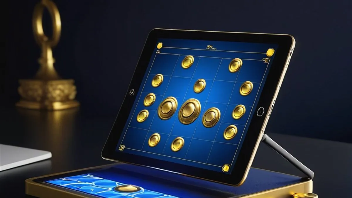 Tablet con una cuadrícula de monedas doradas sobre fondo azul junto a una lámpara dorada