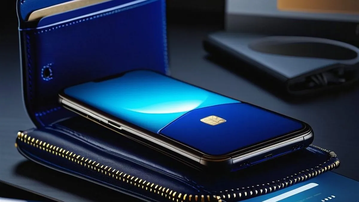 Celular sobre una cartera azul de piel en un escritorio oscuro