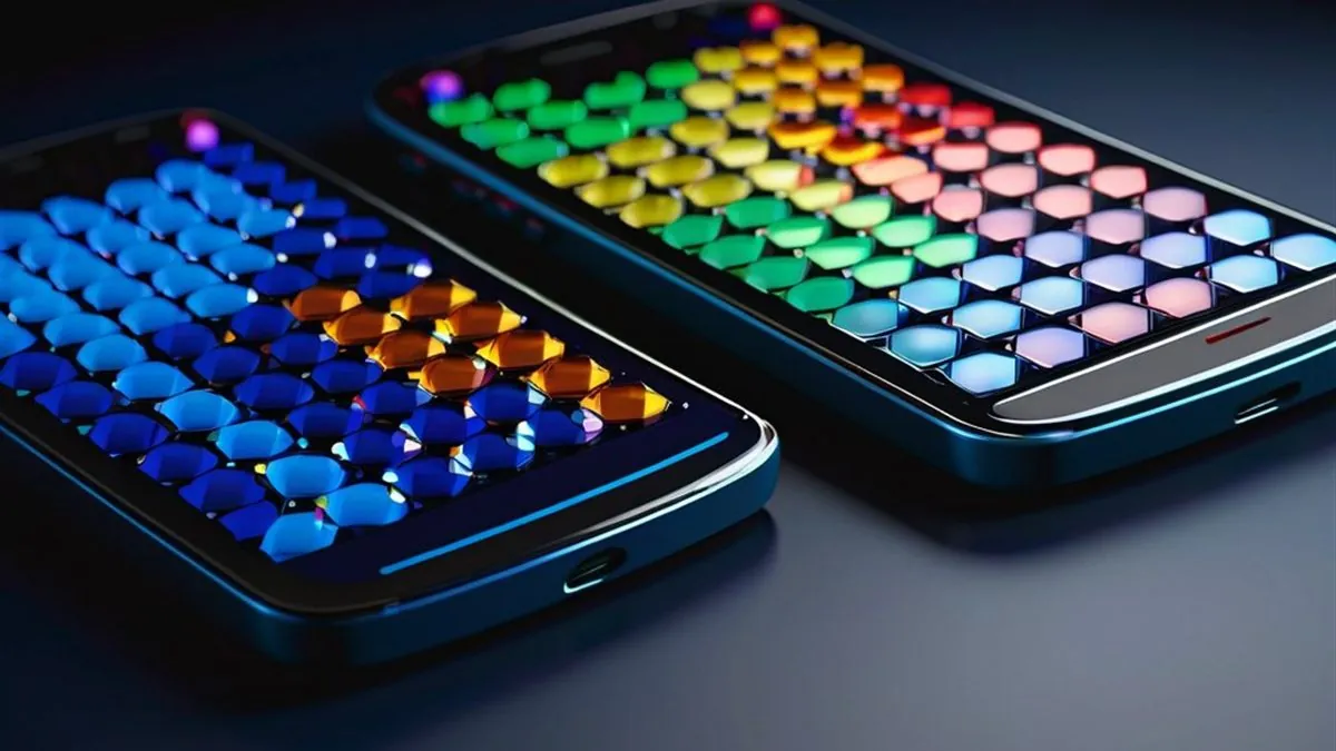 Dos celulares sobre una mesa oscura con cuadrículas de fichas de juego azules y de colores