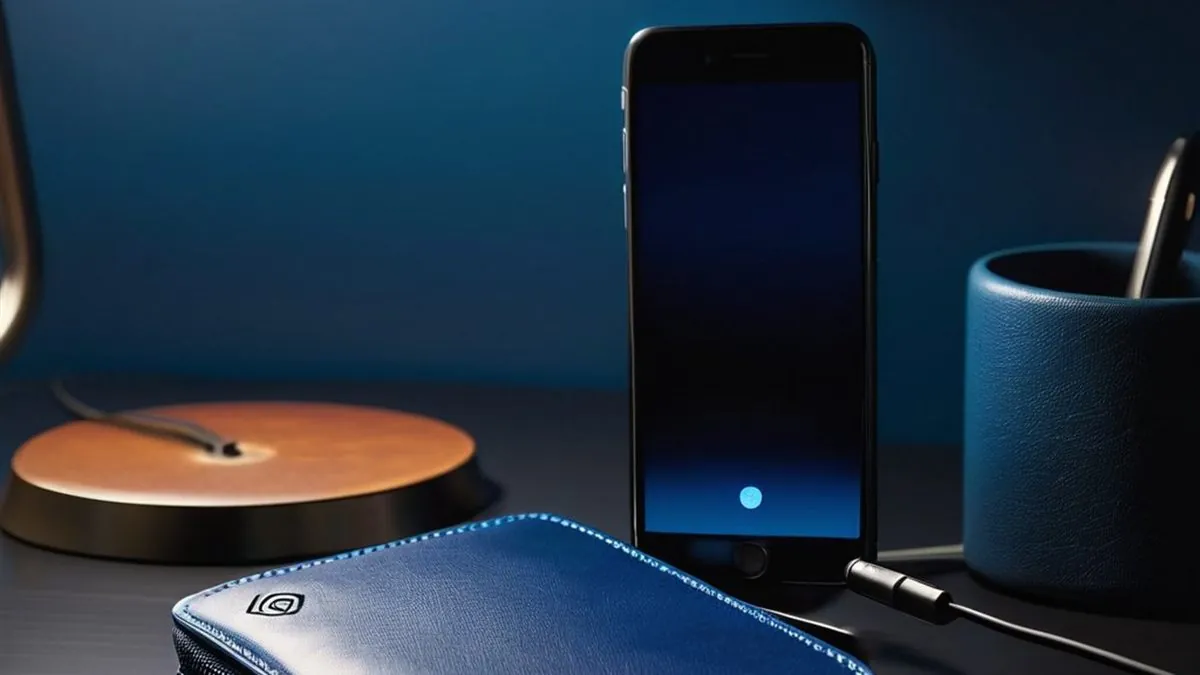 Celular de pie junto a una cartera azul de piel sobre un escritorio oscuro